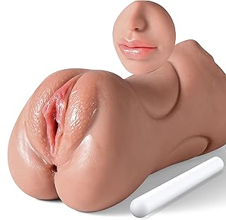 3 in 1 Male Masturbator Realistic Pocket Pussy with Drying Stick, Mansbatee Double-Ended Male Sex Toy Mouth Tongue Textured Vagina & Tight Anus for Men Masturbation (Wheat)