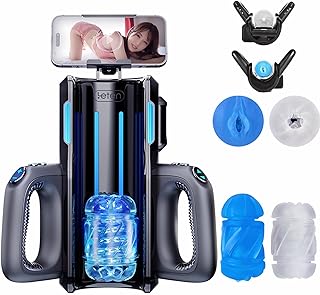 Male Masturbator Automatic Sex Toys Mens for Men Masturbation Device with Dual Handles + Phone Holder + Double Side Open-Ended Silicone Sleeve + Voice Hands-Free Auto Stroker Thrusting Sex Machine