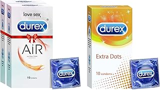 Durex Air Condoms for Men - 10 Count (Pack of 2) |Suitable for use with lubes & toys & Durex Extra Dotted Condoms for Men - 10 Count