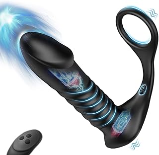 Thrusting Vibrator with Thick Ring, 3*10 Vibrating&Telescopic Prostate Massager Vibrator Dildo Shaped Plug, TIVINO Silicone Male Sex Toys Gay Toy for Men Masturbation and Foreplay
