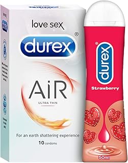 Durex Air Condoms For Men-10 Count With Durex Lube Strawberry Flavoured Lubricant Gel For Men & Women-50Ml Water Based Lube Suitable For Use With Toys