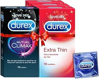 Durex Mutual Climax Condoms for Men & Women - 10 Count | Extra Dotted and Ribbed for Pleasure & Extra Thin Condoms for Men - 10 Count (Pack of 3) | Suitable for use with lubes & toys
