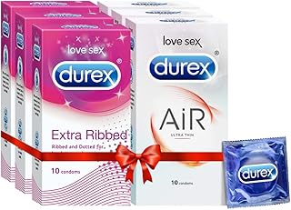Durex Air Condoms for Men - 10 Count (Pack of 3) | Suitable for use with lubes & toys & Extra Ribbed Condoms for Men - 10 Count (Pack of 3) |Dotted and Dotted for Extra Stimulation