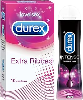 Durex Extra Ribbed Condoms for Men - 10 Count with Durex Lube Intense Lubricant Gel for Men & Women - 50ml | Water based lube | Compatible with toys | Dotted and Dotted for Extra Stimulation