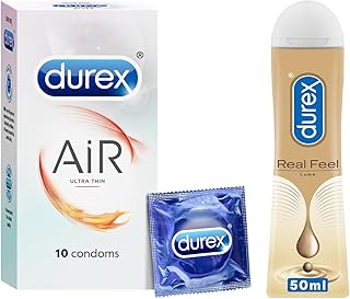 Durex Real Feel Long-Lasting Lubricant - 50ml & Durex Air Condoms for Men - 10 Count | Suitable for use with lubes & toys COMBO