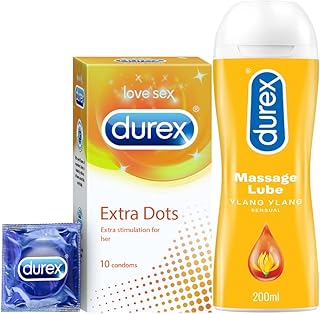 Durex Extra Dotted Condoms For Men - 10 Count With Lube Sensual Massage And Lubricant Gel For Men & Women - 200Ml|Water Based Lube|Compatible With Toys|Ribbed And Dotted For Extra Stimulation
