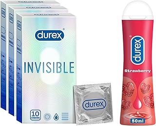 Durex Invisible Super Ultra Thin Condoms For Men 10 Count|Pack Of 3 & Lube Strawberry Flavoured Lubricant Gel For Men & Women - 50Ml | Water Based Lube | Compatible With Condoms & Toys