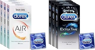 Durex Extra Time Condoms for Men - 10 Count (Pack of 3) | Performa Lubricant for Long Lasting Climax Delay & Air Condoms for Men - 10 Count (Pack of 3) | Suitable for use with lubes & toys