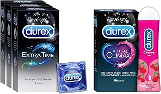 Durex Extra Time Condoms for Men - 10 Count (Pack of 3)|Suitable for use with lubes & toys & Mutual Climax Condoms for Men&Women Count with Durex Water based Lube Cherry flavoured Lubricant Gel(50ml)