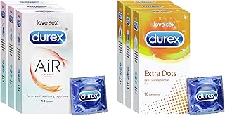 Durex Air Condoms for Men - 10 Count (Pack of 3) | Suitable for use with lubes & toys & Extra Dotted Condoms for Men - 10 Count (Pack of 3) | Ribbed and Dotted for Extra Stimulation