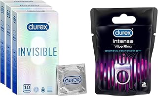 Durex Invisible Super Ultra Thin Condoms For Men 10 Count|Pack Of 3| Suitable For Use With Lubes & Toys, White & Play Vibrating Ring For Extra Pleasure For Women,Pack Of 1