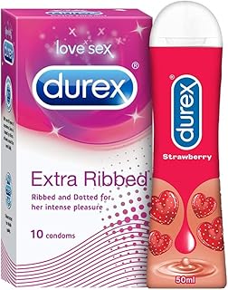 Durex Extra Ribbed Condoms For Men-10 Count With Durex Lube Strawberry Flavoured Lubricant Gel For Men&Women-50Ml|Water Based Lube|Compatible With Toys|Dotted&Dotted For Extra Stimulation