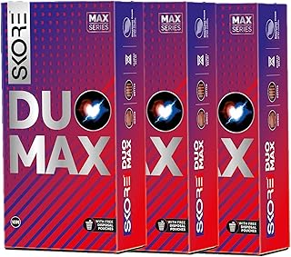 Skore Duo Max - Premium Pleasure Condoms for Him and Her with Disposal Pouches|Dotted & Ribbed|Performa Lubricant for Long Lasting Climax Delay|Suitable for use with lubes & toys- 10 pieces|Pack of 3