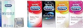 Durex Invisible Super Ultra Thin Condoms for Men | 10 Count | Suitable for use with lubes & toys & Multi-pack Condoms for Men (Extra Time, Extra Dotted, Extra Ribbed, Extra Time)- 10 count (Pack of 4)